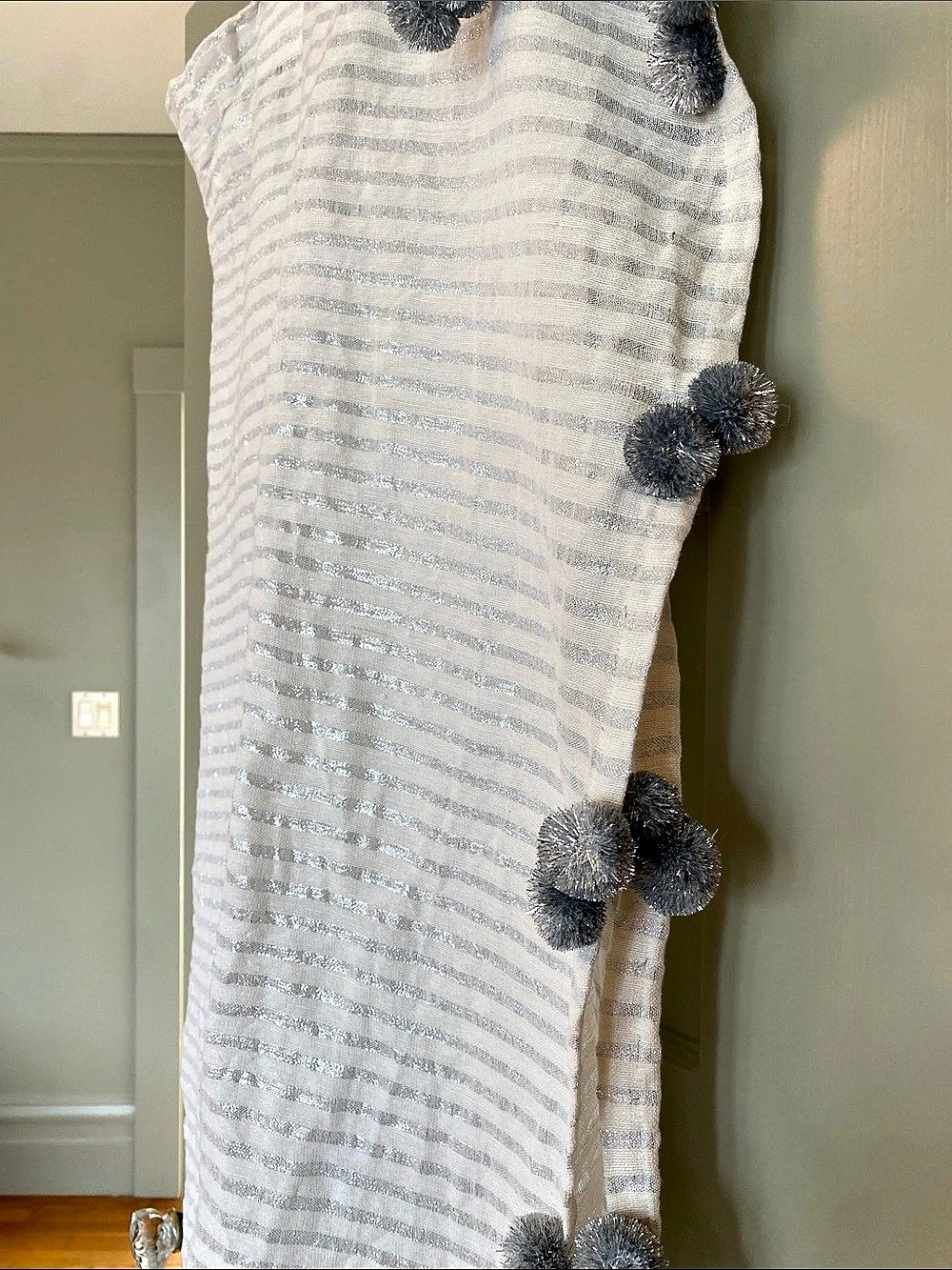 Anthropologie Pom Tassel Curtains Striped Panel White & Gray 50x96”